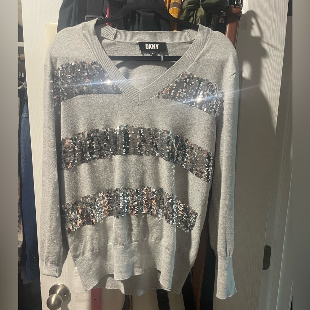DKNY Silver Sequin Stripe V-Neck Pullover